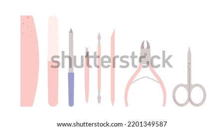 Manicure tools set. Nail scissors, file, buffer, cuticle trimmer, nippers, pusher. Products for nail care in the salon or at home. Vector illustration in cartoon style. Isolated white background