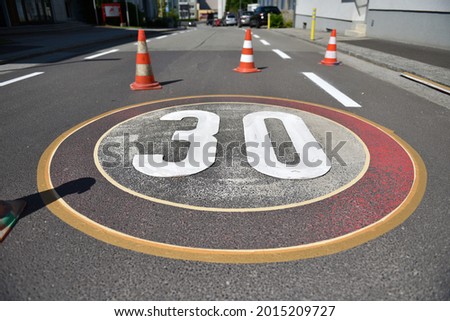 Similar – Image, Stock Photo Straßenmarkierung Geschwindigkeitsbegrenzung 30 km/h