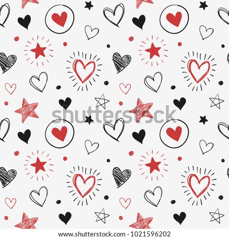Hand-drawn doodle seamless pattern with hearts and stars. Design elements for Valentine's day. Red and Black.