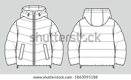 Cropped puffer winter down coat. Women oversized quilting jacket. Vector technical sketch. Mockup template.