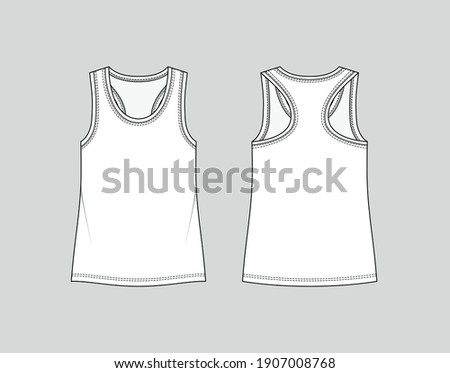 Racer back tank top. Women's sportswear. Activewear t-shirt. Vector technical sketch. Mockup template.