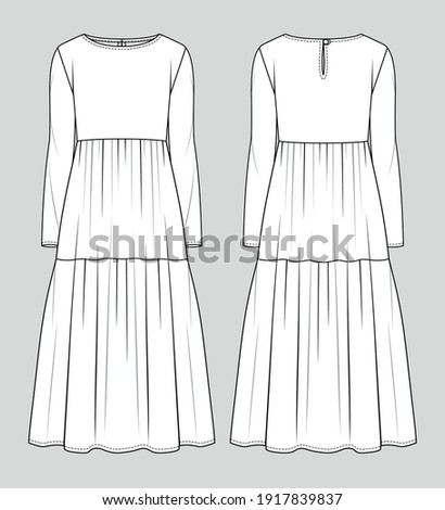 Midi dress. Fashion sketch. Vector illustration. Flat technical drawing. Mockup template.