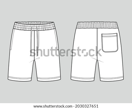 Sweat shorts with elastic waist. Men's sportswear. Vector technical sketch. Mockup template.