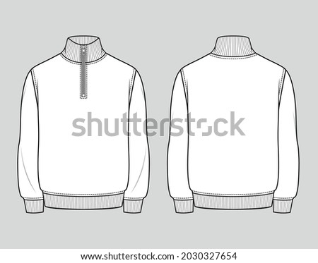 Quarter zip sweatshirt. Men's casual clothing. Vector technical sketch. Mockup template.