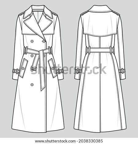 Women's double-breasted trench coat.  Fashion sketch. Flat technical drawing. Vector illustration. Сток-фото © 