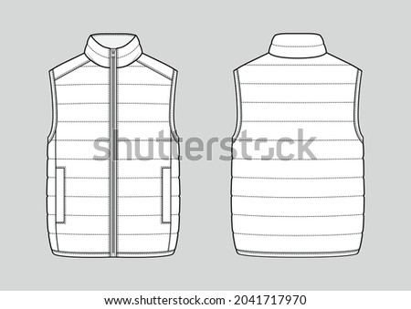 Lightweight puffer gilet. Padded vest. Technical vector sketch. Mockup template.