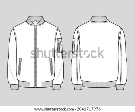 Classic bomber jacket. Men's casual clothing. Vector technical sketch. Mockup template.