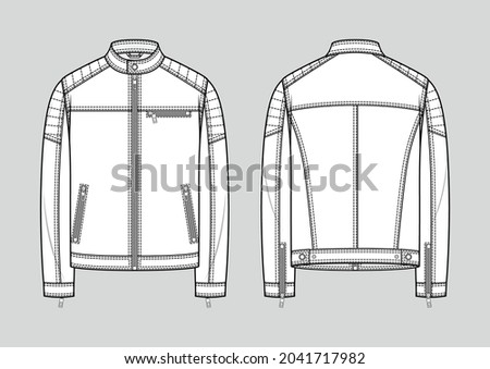 Classic leather jacket. Men's casual clothing. Cassic biker jacket. Vector technical sketch. Mockup template.
