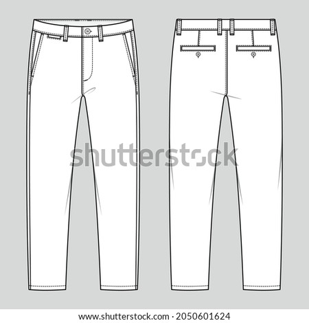 Chino trousers. Men's casual wear. Vector technical sketch. Mockup template.