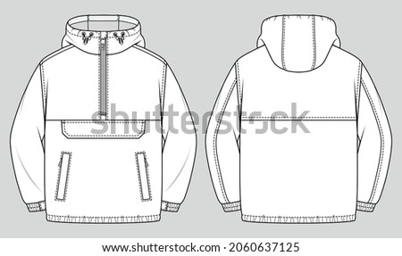 Anorak jacket. Unisex oversized coat with hood and front pocket. Vector technical sketch. Mockup template.