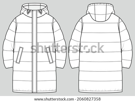 Long quilted down jacket. Padded warm jacket. Vector technical sketch. Mockup template.