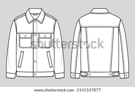 Trucker jacket. Men's casual clothing. Fashion sketch. Flat technical drawing. Vector illustration.