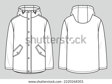 Men's hooded raincoat jacket. Fashion sketch. Flat technical drawing. Vector illustration.