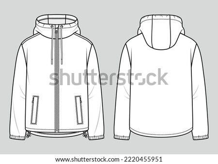 Men's hooded windbreaker jacket. Fashion sketch. Flat technical drawing. Vector illustration.