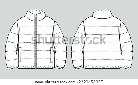 Padded puffer down jacket. Oversized winter quilting coat. Vector technical sketch. Mockup template.