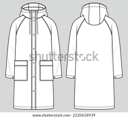 Men's hooded water-repellent jacket. Long raincoat. Fashion sketch. Flat technical drawing. Vector illustration.