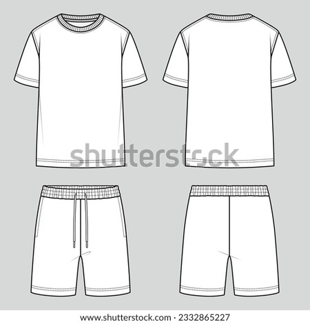 Unisex set. T-shirt round neck and sweat shorts with elastic waist. Oversize fit. Unisex style. Vector technical sketch. Mockup template.