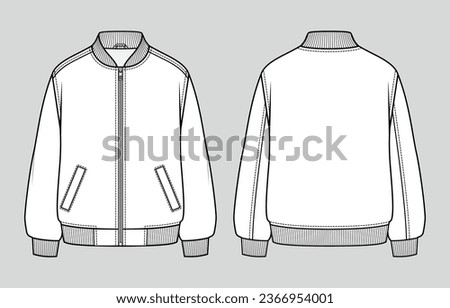 Oversized fit basic bomber jacket. Men's casual clothing. Vector technical sketch. Mockup template.