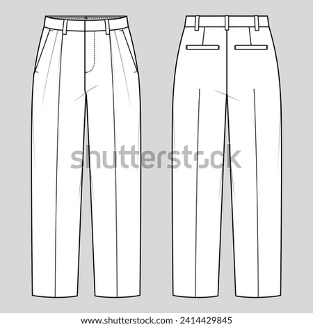 Straight leg trousers. Women's tailored wear. Vector technical sketch. Mockup template.