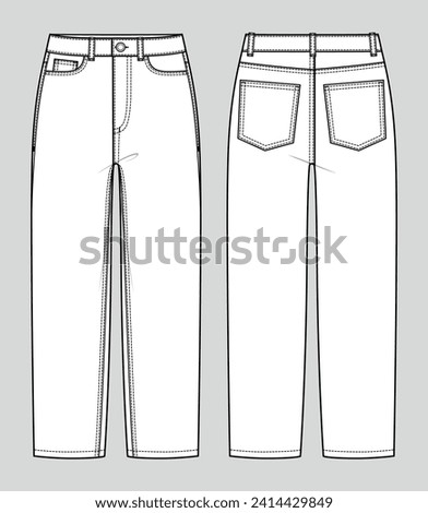 Baggy fit comfort jeans. High-waist regular fit trousers. Women's casual wear. Vector technical sketch. Mockup template.