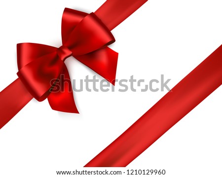 Shiny red satin ribbon on white background. Vector red bow and ribbon. Christmas gift, valentines day, birthday  wrapping element 商業照片 © 