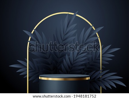 Minimal black scene with geometric shapes and palm leaves. Cylindrical gold and black podium on a black background. 3D stage for displaying a cosmetic product