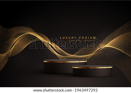 Minimal black scene with golden lines. Cylindrical gold and black podium on a black background. 3D stage for displaying a cosmetic product Stock foto © 