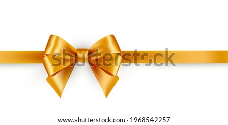 Shiny gold satin bow with horisontal ribbon isolated on white background. Vector decoration yellow bow for gift card and discount voucher. Christmas gift, valentines day, birthday  wrapping element