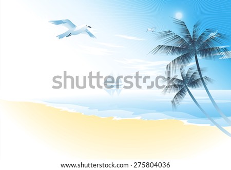 Summer beach with palm trees and seagull  vector illustration. Tropical landscape