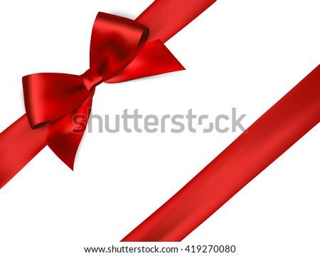 Shiny red satin ribbon on white background. Vector red bow. Red bow and red ribbon. Christmas gift, valentines day, birthday  wrapping element 商業照片 © 