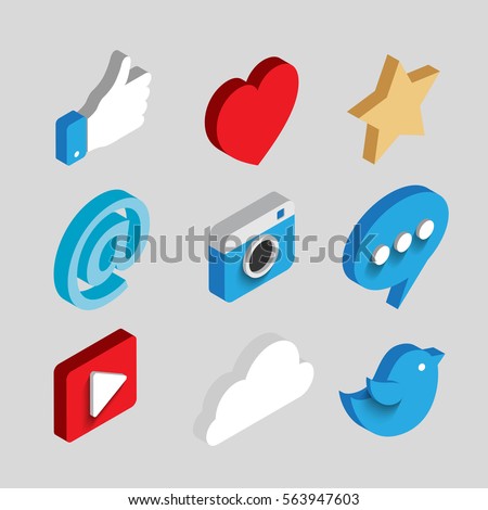 Social media flat 3d isometric concept vector icons. Desktop, chat, video, camera, phone, tablet. Flat web illustration infographics collection. Sign and symbol