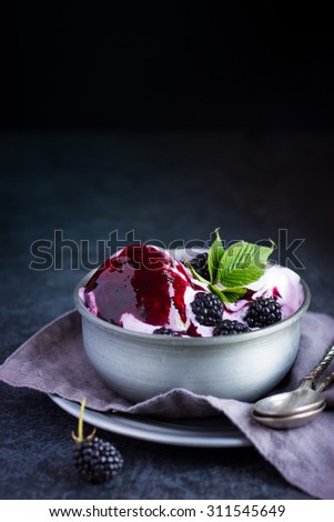 delicious homemade blackberry  ice cream with blackberry topping and fresh berry on vintage bowl, selective focus