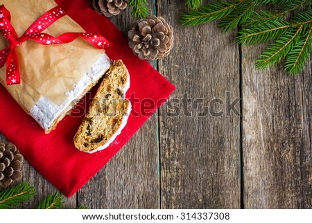 Traditional Christmas Stollen cake. top view, copy space