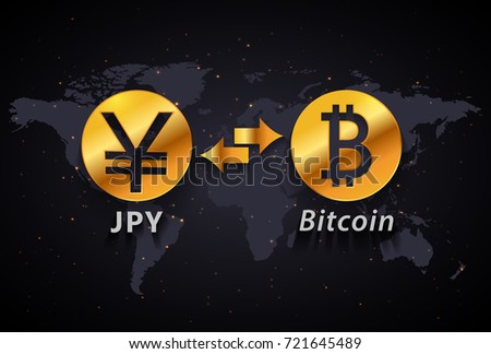 Japanese Yen to Bitcoin currency exchange infographic template on world map background