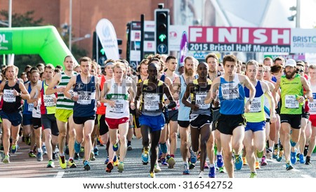 Bristol, England - 13 SEPTEMBER 2015 Bristol Half Marathon 2015 - unidentified runners start first wave B