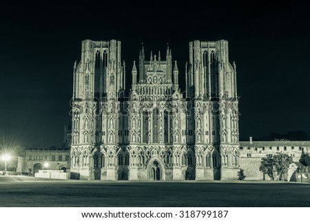 ENGLAND, WELLS - 20 SEP 2015: Wells Cathedral by night, black and white photography, split toning A
