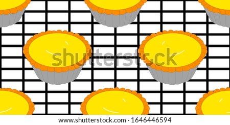 Egg tart, custard tart on tray seamless pattern background. Cartoon hand drawn Chinese food, Hong Kong dim sum and Asian dessert background. Great for kitchen wallpaper, card, menu, packaging design.