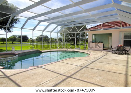 Beautiful residential screened-in swimming pool with patio and patio furniture with room for your copy