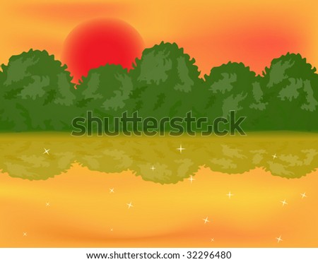 Beautiful landscape of a forest lake over sun.