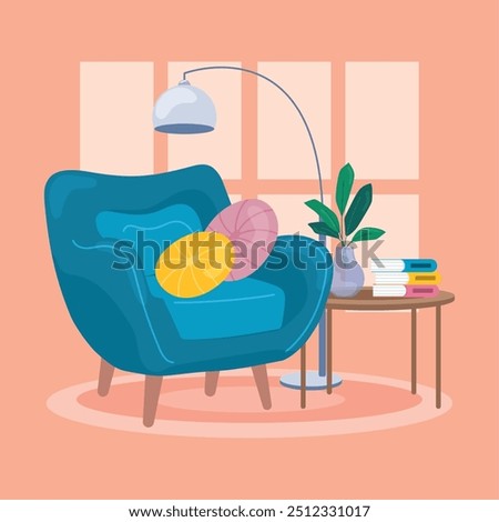 Comfortable reading nook with a blue armchair, books, and indoor plant in a cozy space Vector illustration