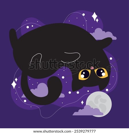 Playful black cat upside down floating near full moon with clouds, Vector illustration