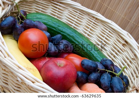 Vegetables and fruits in a basket. Close-up.