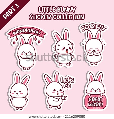 Set of little bunny sticker collection. Kawaii cute cartoon character design. Wonderful, shock, sorry, mad, angry, lets go, great work emoticon.