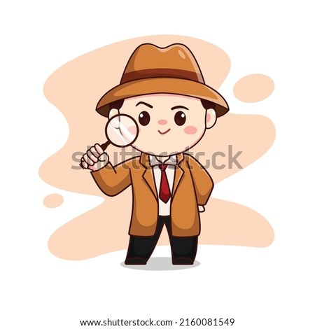 Illustration of cute detective bring a magnifying glass  chibi character 商業照片 © 