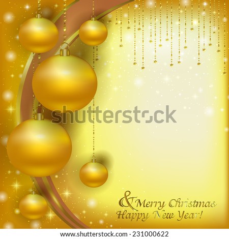 Christmas Golden balls on a Christmas background of glare. Vector illustration of holiday Christmas yellow Christmas decorations, menu, postcard, banner. Hanging a bunch of Christmas tree decorations.