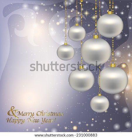 Silver Christmas decorations on a Christmas background. Vector illustration of holiday, Christmas tree decorations, menu, card, postcard, banner.