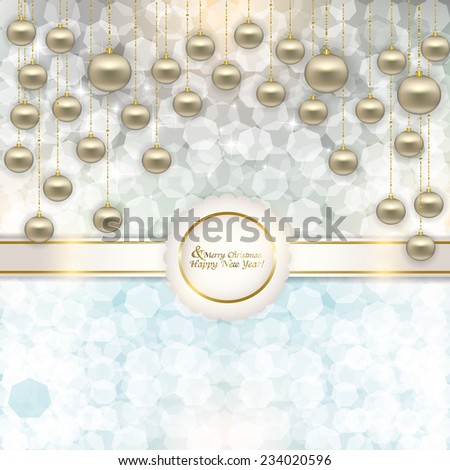Christmas abstract background with Christmas balls with ribbon. Vector illustration of holiday, Christmas tree decorations, menu, card, postcard, banner. Hanging a bunch of Christmas tree decorations.