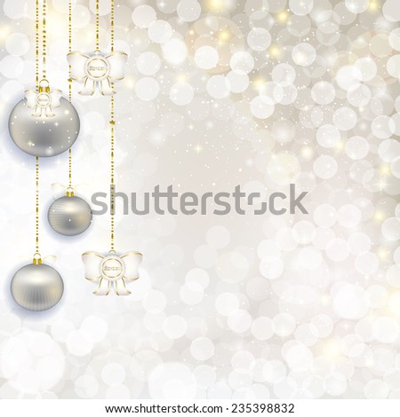 Christmas hanging balls on abstract background with highlights. Vector illustration of holiday, Christmas tree decorations, menu, card, postcard, banner. Hanging a bunch of Christmas tree decorations.