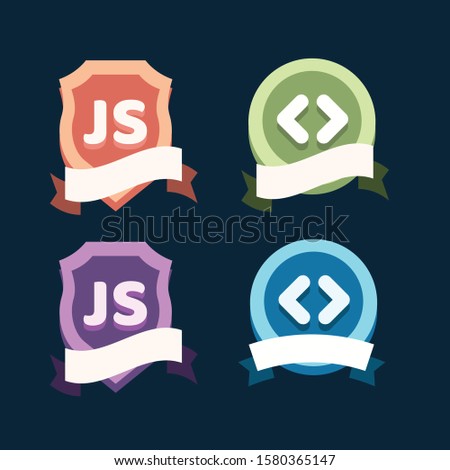 Collection of Colorful Frontend Vector Shield Badges with Ribbons - JavaScript, Code