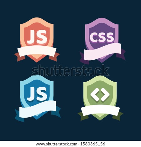 Collection of Colorful Frontend Vector Shield Badges with Ribbons - JavaScript, CSS, Code